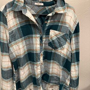 Teal and White Plaid Button-Up Shirt